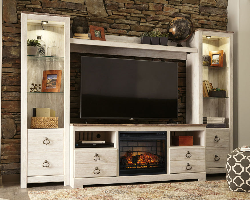 Willowton - Whitewash - Entertainment Center - TV Stand With Faux Firebrick Fireplace Insert - Tallahassee Discount Furniture (FL)