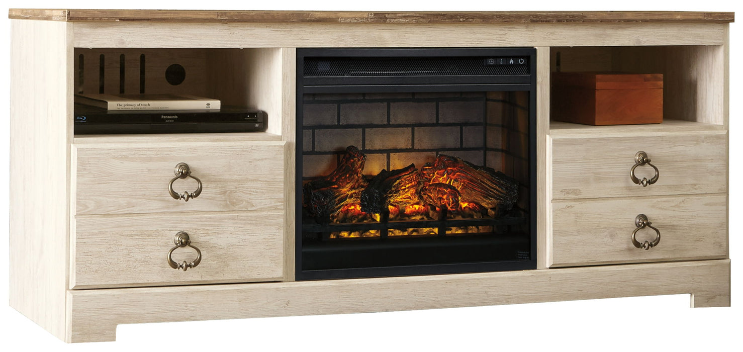 Willowton - 2 Pc. - 64" TV Stand With Faux Firebrick Fireplace Insert - Whitewash - Tallahassee Discount Furniture (FL)