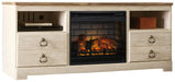 Willowton - 2 Pc. - 64" TV Stand With Faux Firebrick Fireplace Insert - Whitewash - Tallahassee Discount Furniture (FL)