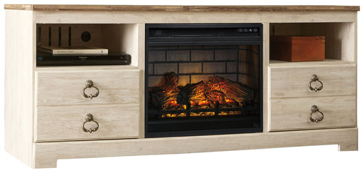 Willowton - 2 Pc. - 64" TV Stand With Faux Firebrick Fireplace Insert - Whitewash - Tallahassee Discount Furniture (FL)