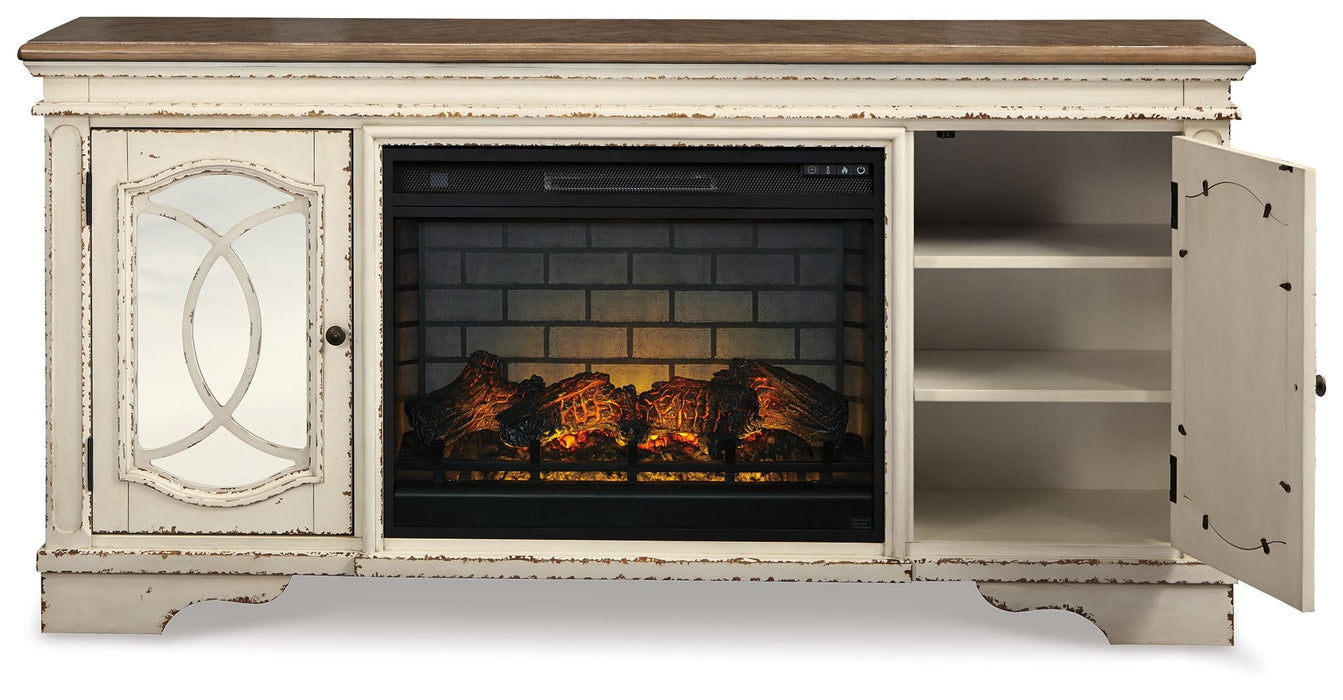 Realyn - 2 Pc. - 74" TV Stand With Electric Infrared Fireplace Insert - Chipped White - Tallahassee Discount Furniture (FL)