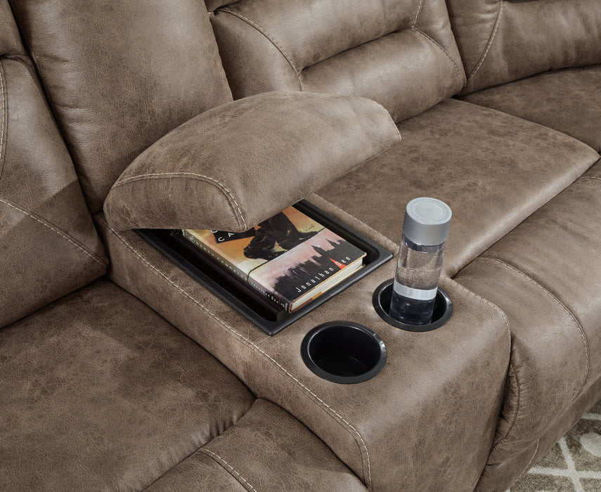 Ravenel - 3-Piece Power Reclining Sectional With Raf Power Reclining Loveseat With Console - Faux Leather - Fossil - Tallahassee Discount Furniture (FL)