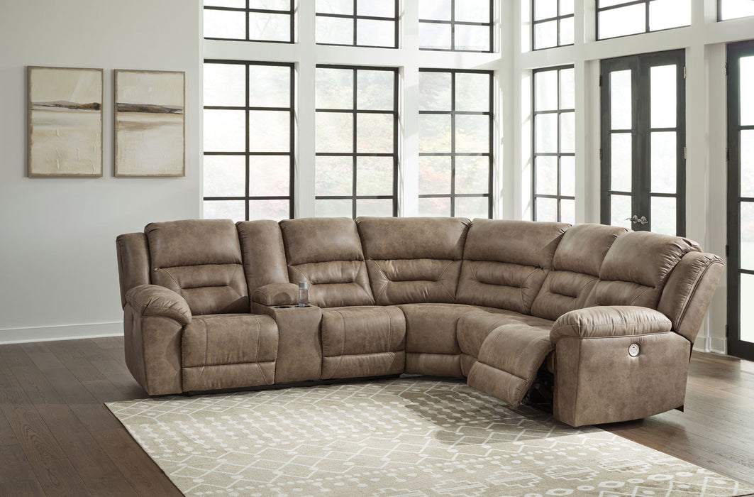Ravenel - 3-Piece Power Reclining Sectional With Laf Power Reclining Loveseat With Console - Faux Leather - Fossil - Tallahassee Discount Furniture (FL)