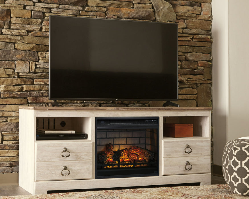 Willowton - 2 Pc. - 64" TV Stand With Faux Firebrick Fireplace Insert - Whitewash - Tallahassee Discount Furniture (FL)