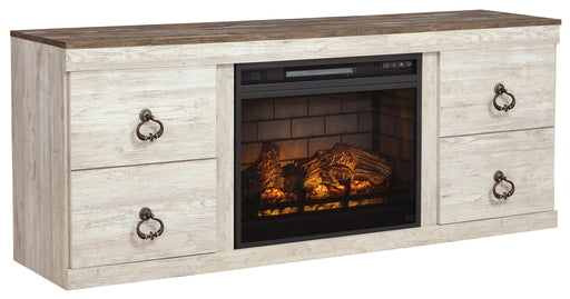 Willowton - 2 Pc. - TV Stand With Faux Firebrick Fireplace Insert - Whitewash - Tallahassee Discount Furniture (FL)