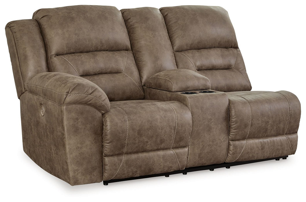 Ravenel - Laf Dbl Reclining Power Loveseat With Console - Faux Leather - Fossil - Tallahassee Discount Furniture (FL)