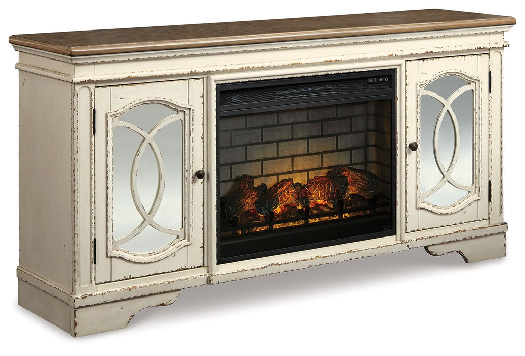 Realyn - 2 Pc. - 74" TV Stand With Electric Infrared Fireplace Insert - Chipped White - Tallahassee Discount Furniture (FL)