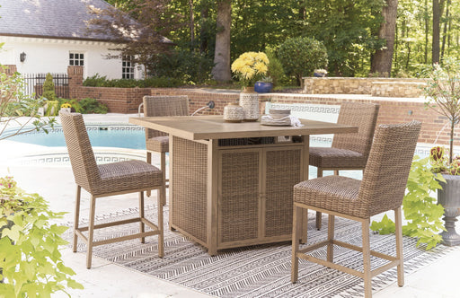 Walton Bridge - 5 Pc. - Square Bar Table W/Fire Pit, 4 Barstools - Driftwood - Tallahassee Discount Furniture (FL)