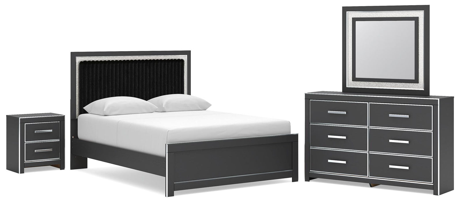 Zuraleus - 4 Pc. - Queen Upholstered Bed With Roll Slats, Dresser, Mirror And Nightstand - Black