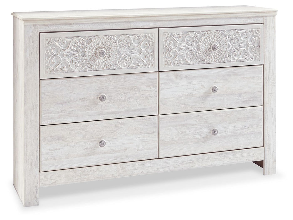 Paxberry - Six Drawer Dresser - Medallion Drawer Pulls - Whitewash - Tallahassee Discount Furniture (FL)