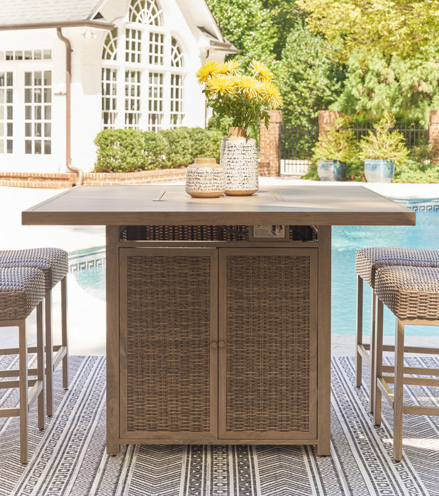 Walton Bridge - 5 Pc. - Square Bar Table W/Fire Pit, 4 Barstools - Driftwood - Tallahassee Discount Furniture (FL)