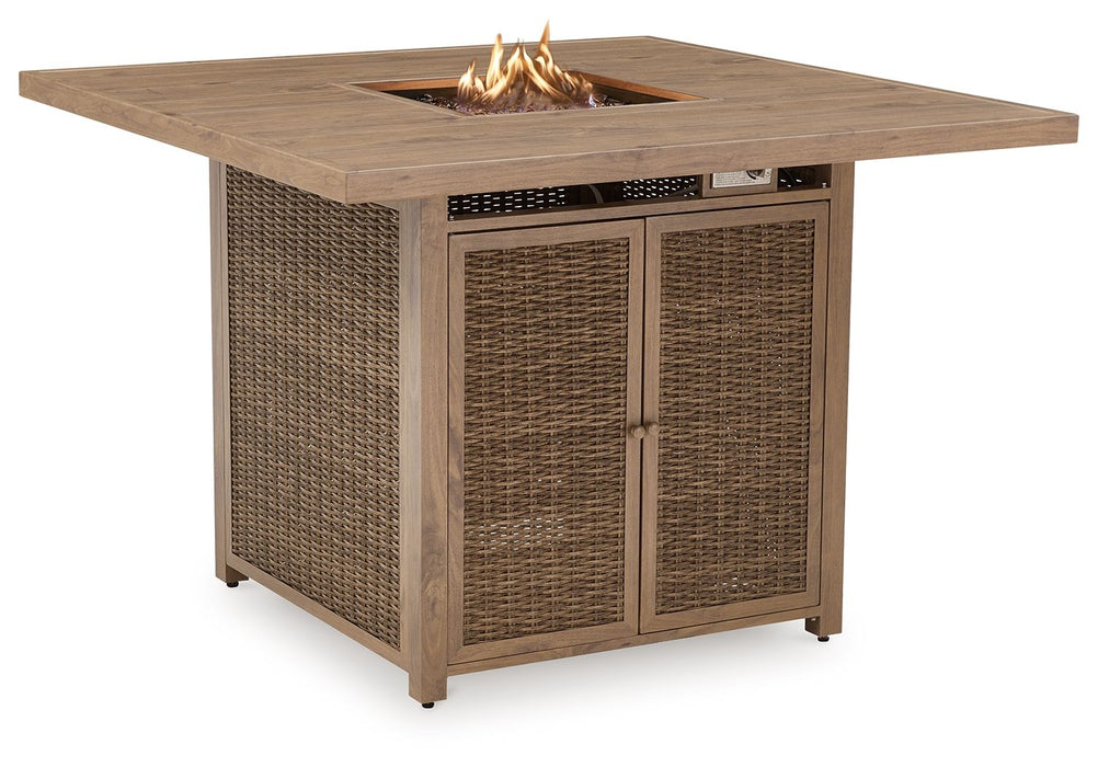 Walton Bridge - 5 Pc. - Square Bar Table W/Fire Pit, 4 Barstools - Driftwood - Tallahassee Discount Furniture (FL)