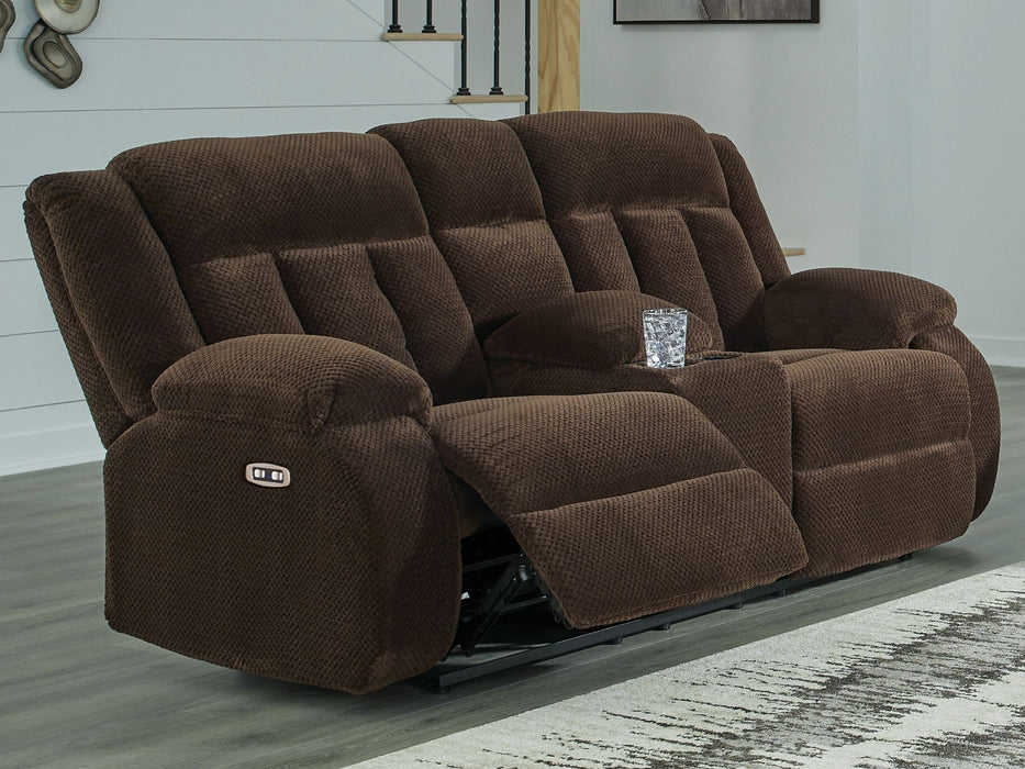 Free Wake - Double Relcining Power Loveseat With Console - Chocolate - Tallahassee Discount Furniture (FL)