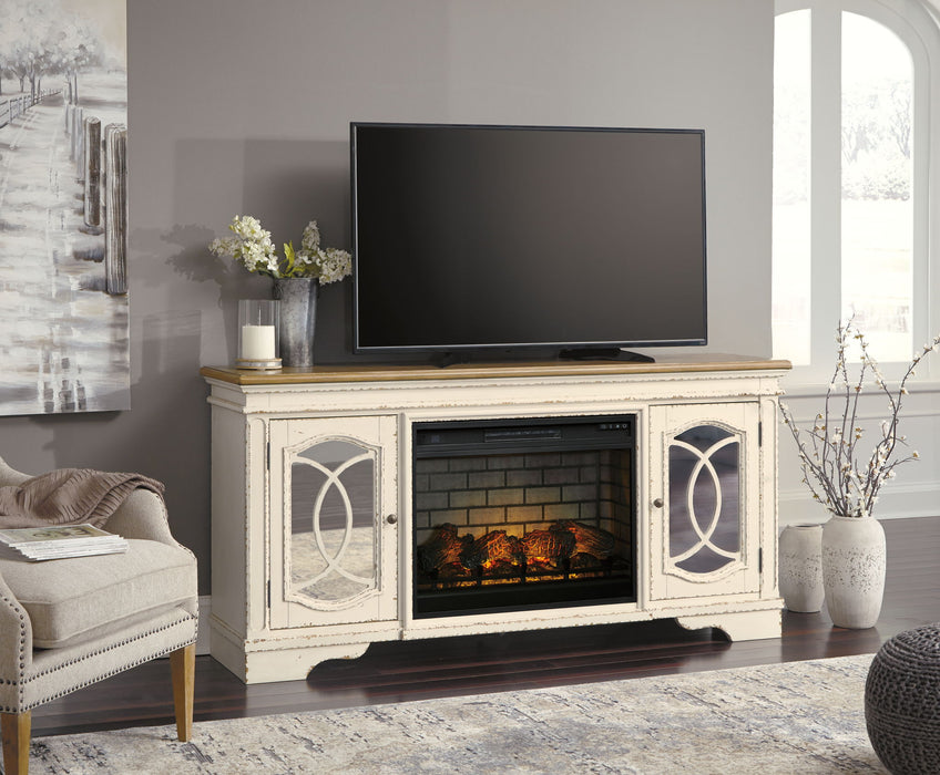 Realyn - 2 Pc. - 74" TV Stand With Electric Infrared Fireplace Insert - Chipped White - Tallahassee Discount Furniture (FL)