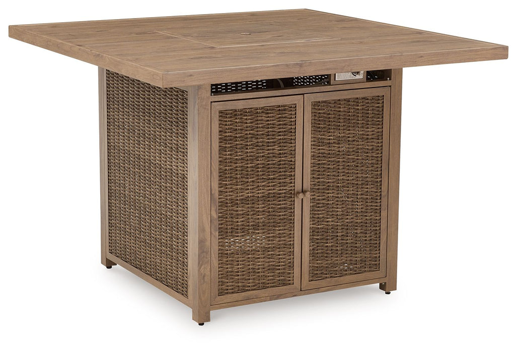 Walton Bridge - 5 Pc. - Square Bar Table W/Fire Pit, 4 Barstools - Driftwood - Tallahassee Discount Furniture (FL)