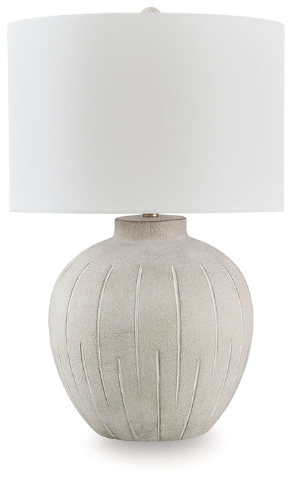 Calbert - Warm Gray - Poly Table Lamp - Tallahassee Discount Furniture (FL)