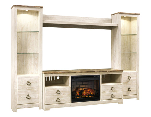 Willowton - Entertainment Center - TV Stand With Faux Firebrick Fireplace Insert - Whitewash - Tallahassee Discount Furniture (FL)